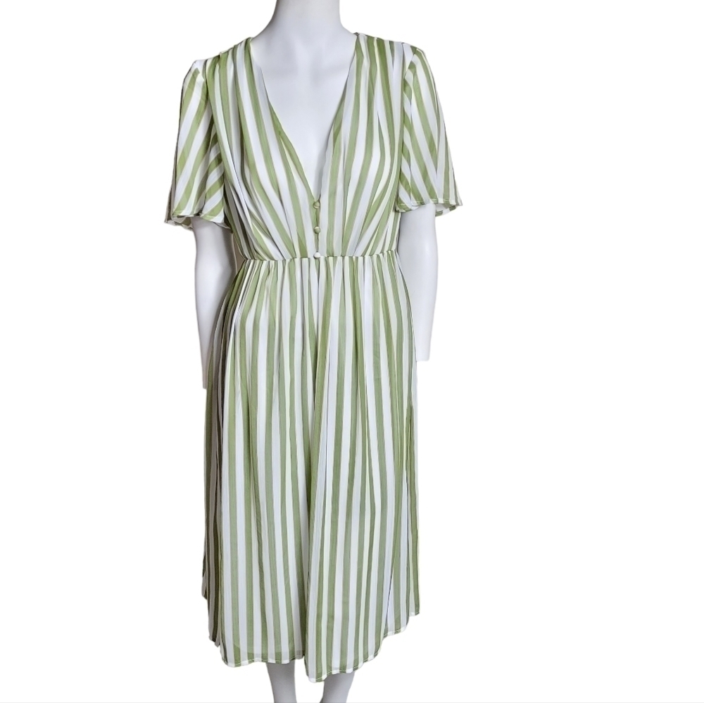 Show Me Your MuMu Green Striped V-Neck Short Flutter Sleeve Midi Dress S‎